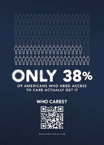 Who Cares? poster — only 38% of Americans who need care actually get it